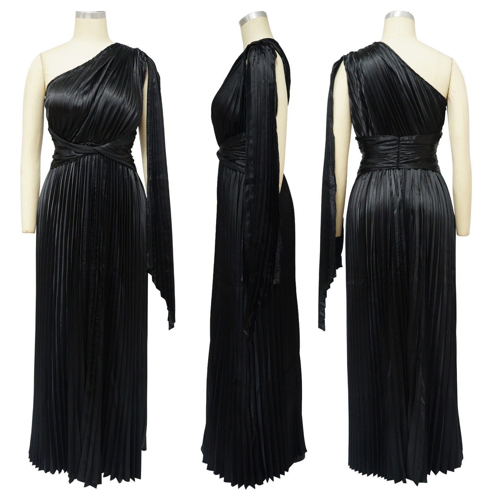Elegant Pleated Artifical Silk One Shoulder Lace Up Ruched Full Length Dress