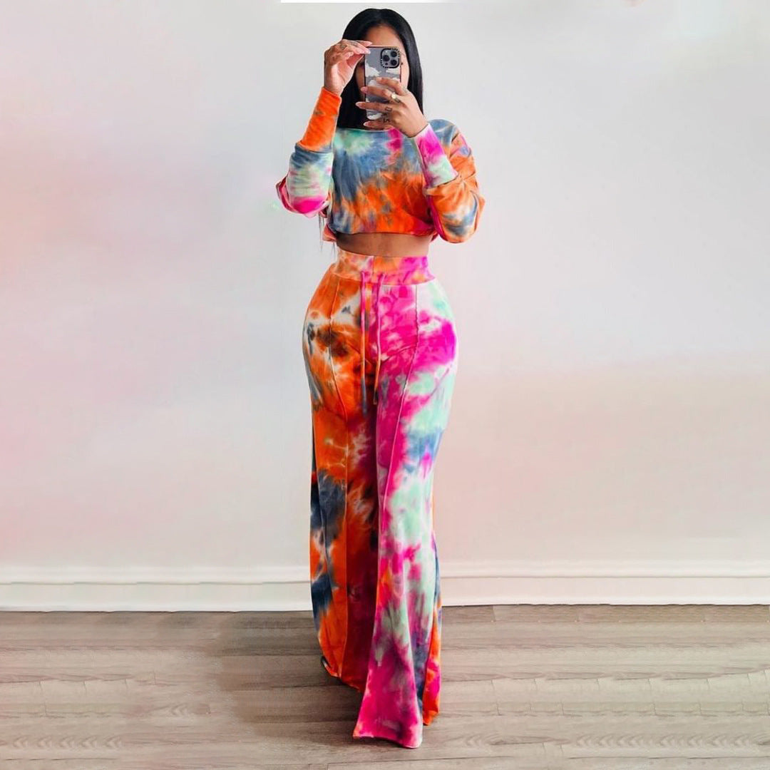 Tie Dye  Off Shoulder Long Sleeve T-shirt and Loose Pants Matching2 Piece Set