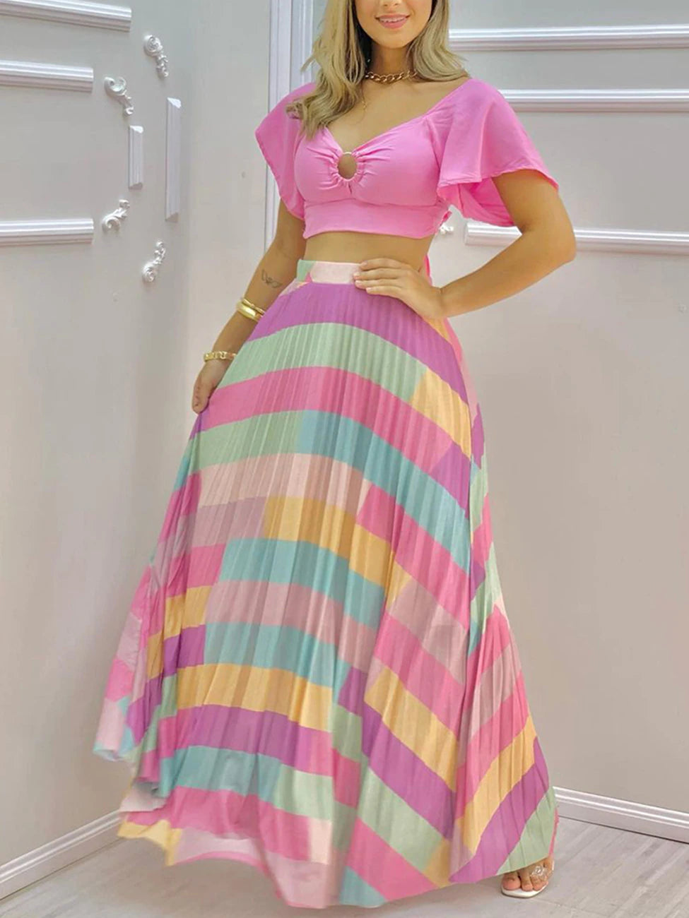 Solid Color V-neck Short Sleeve Top & Colorful Maxi Skirt 2 Piece Sets