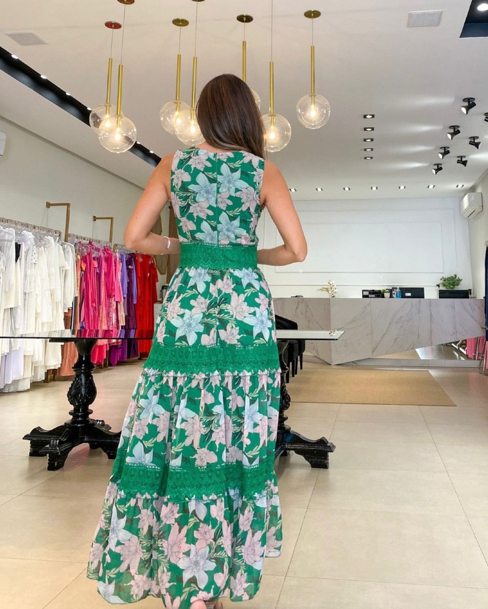 Summer Fashion V-neck Sleeveless Lace Spliced High Waist A-line Maxi Dress