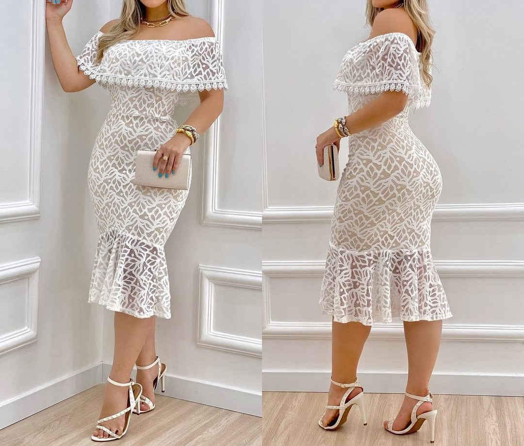 Straight Shoulder Collar Lace Slim Fit Fishtail Dress