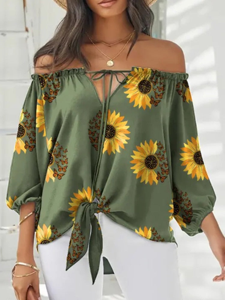 Plants Print Tied Detail Off Shoulder Blouses