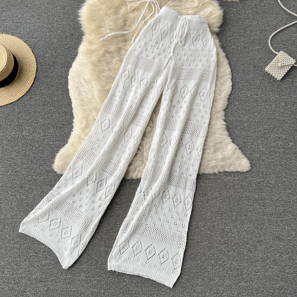 Sexy Backless Halter Short Tops+Chic Hollow Knitted Wide Leg Long Pants