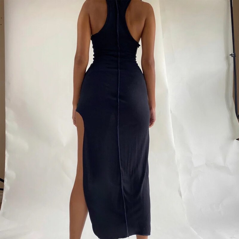 Patchwork Bodycon Solid Color Sleeveless Split Long Tank Dress