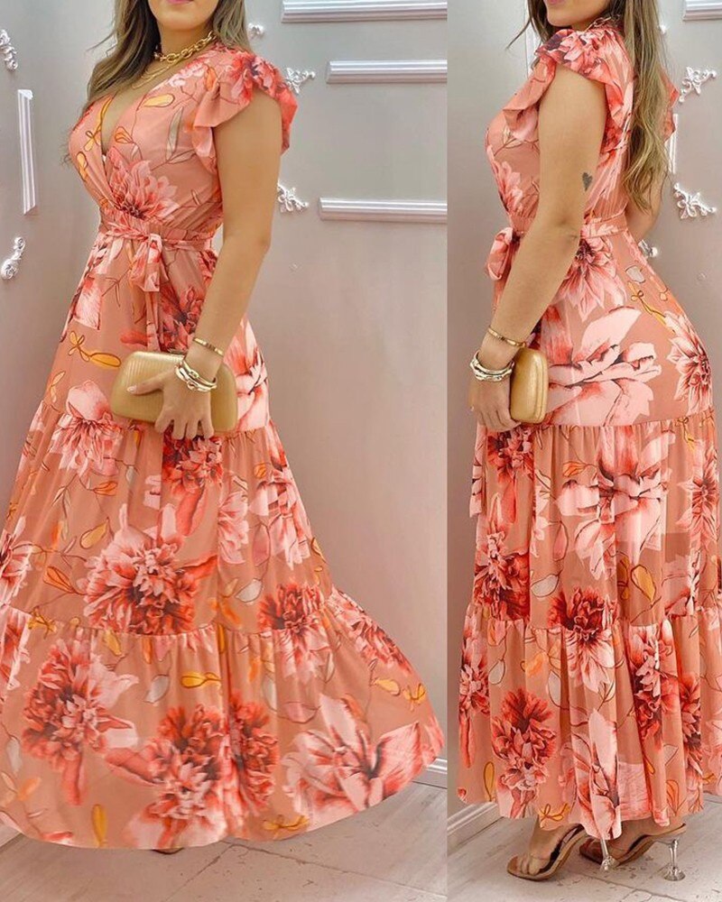 V-Neck Ruffles Sleeve Floral Print Tied Detail Chiffon Dress With Sashes