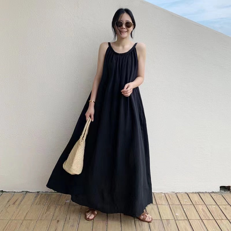 Summer Strappy Solid Cotton Linen Maxi Dress