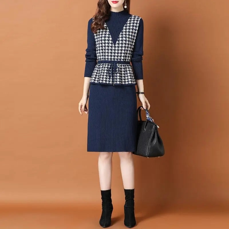 Vintage Plaid Patchwork Fake Two Piece Knitted Dress