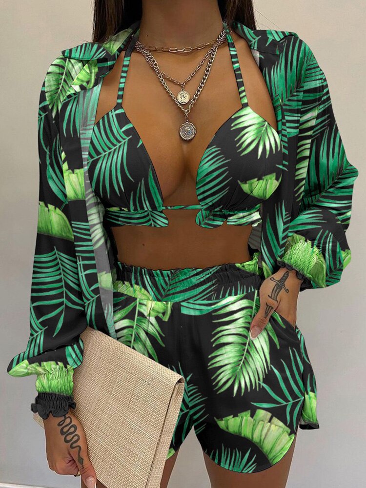 Tropical Print Lantern Sleeve Open Stitch Shirt & Shorts Set with Crop Top