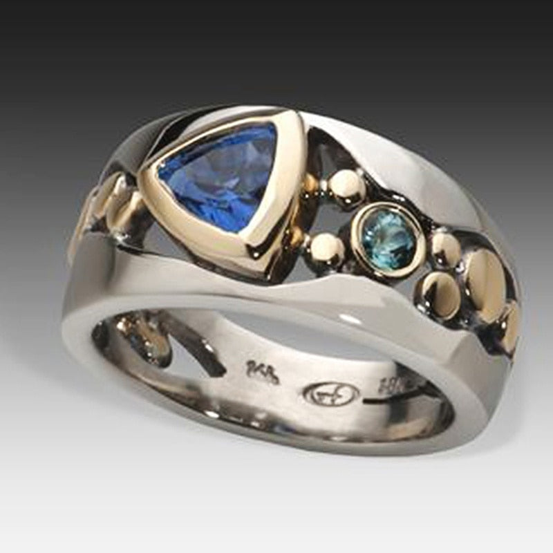 Silver and Gold Color Hollow Out Inlaid Blue Stone Rings