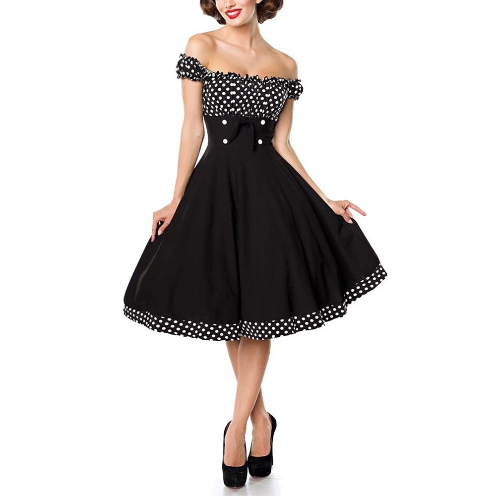 Polka Dot Printed Sexy Off shoulder A Line Rockabilly Vintage Party Dress