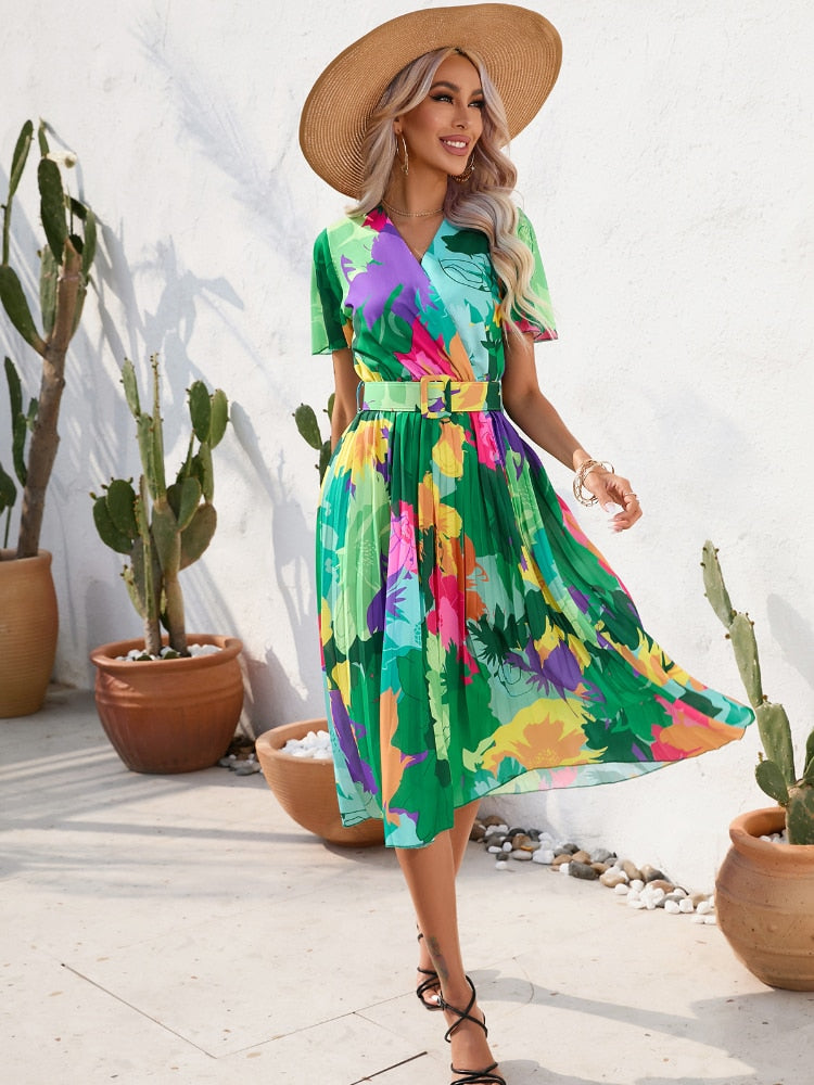 Summer  V-neck Printed High Waist Pleated  Dresses