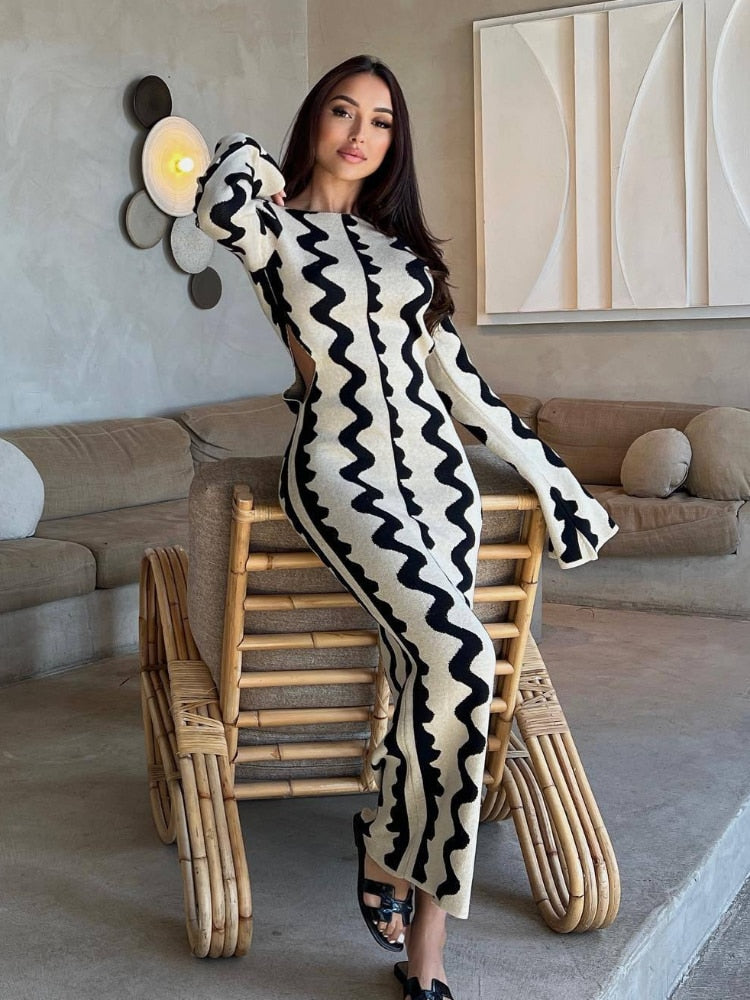 Autumn Flare Long Sleeve Bodycon Wave Knitted Maxi Dress