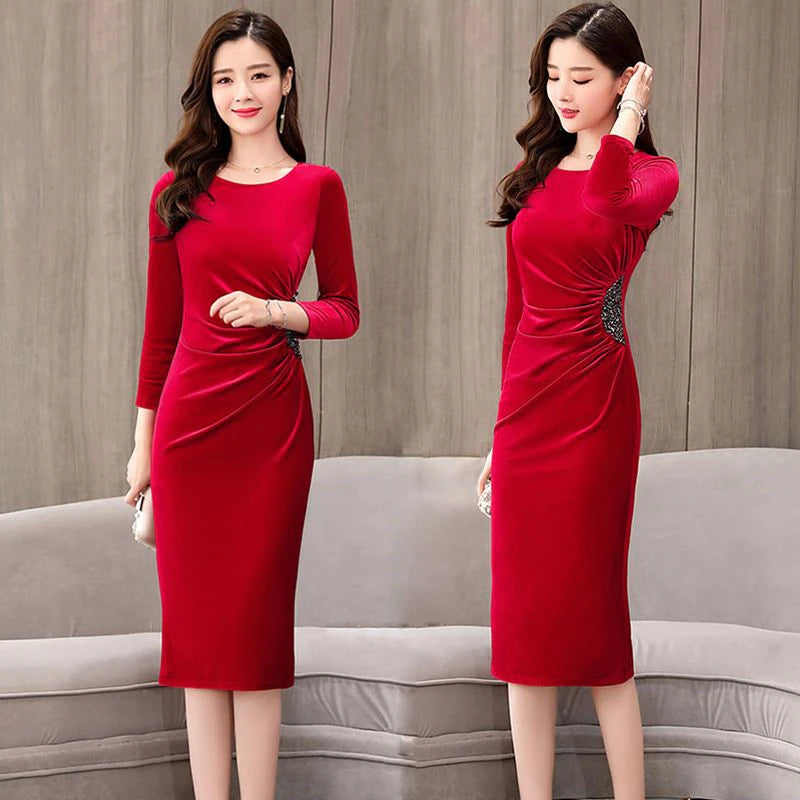 Elegant Long Sleeve Slim Pleated Sequin Velvet Dress