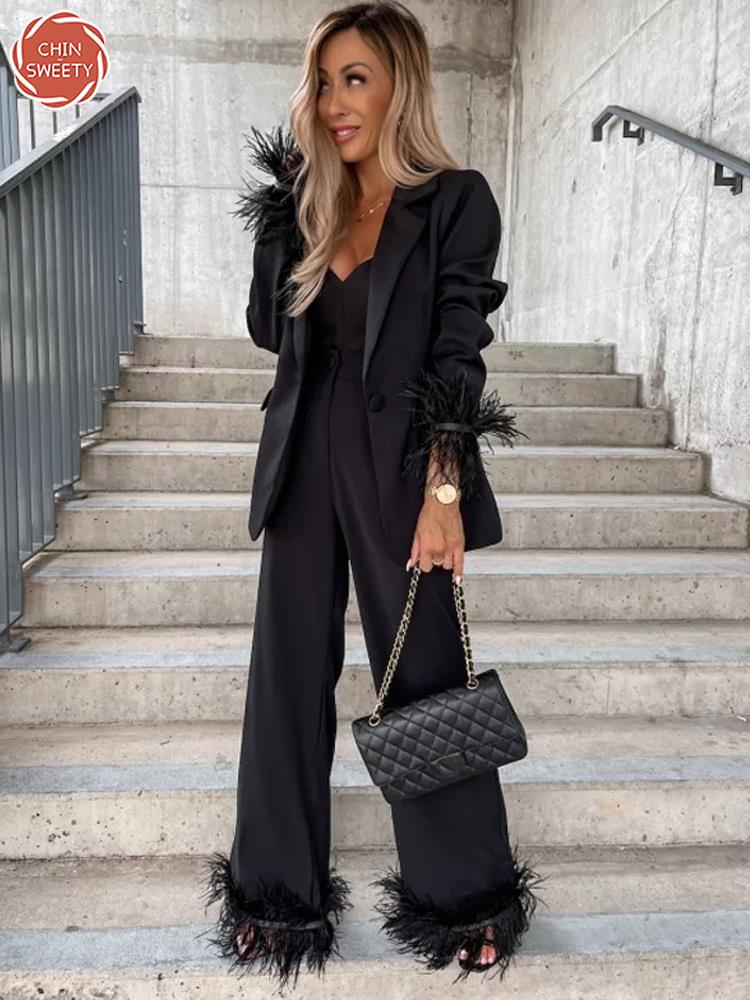 Feather Blazer Two Piece Set Women Solid Long Sleeve Top And Pants Suits