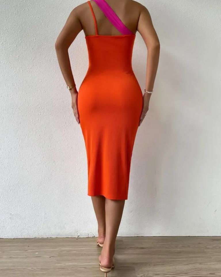 Summer Fashion Colorblock Patchwork Cutout One Shoulder Sleeveless Midi Bodycon Slit Dress