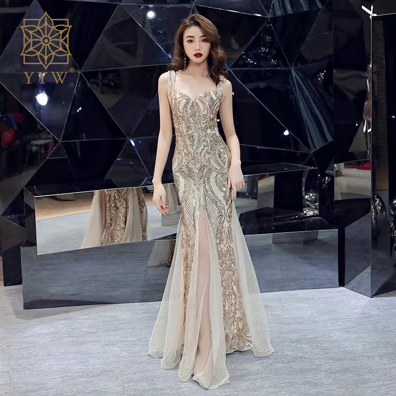 Sequined V Neck Sleeveless Elegant Evening Dress