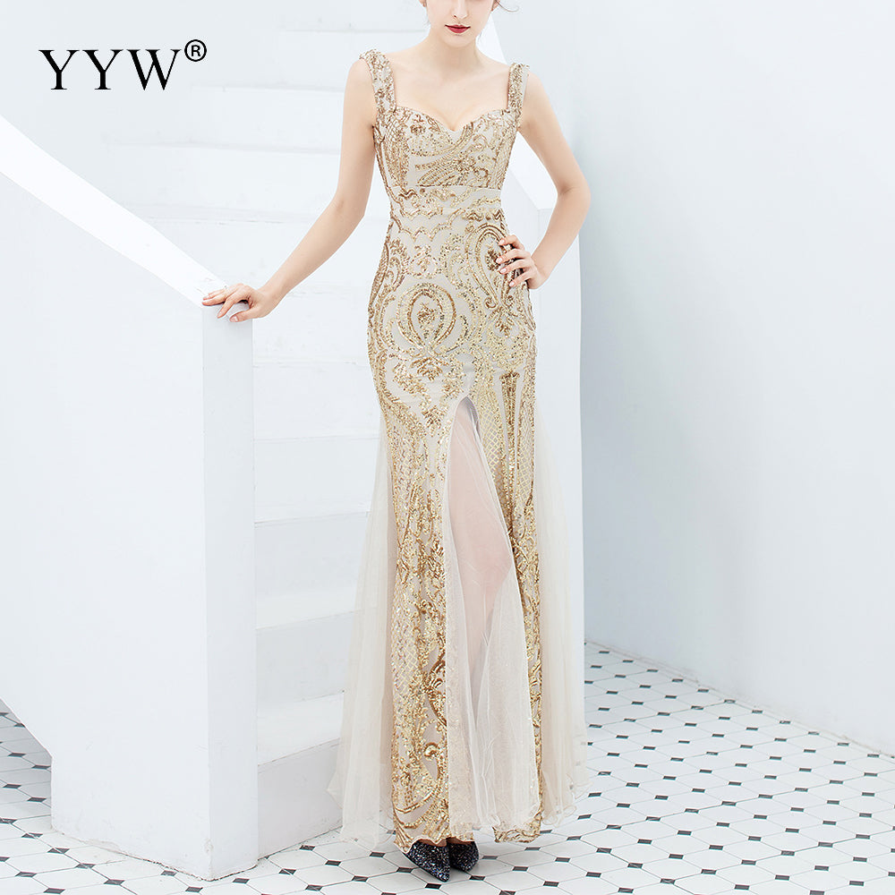 Sequined V Neck Sleeveless Elegant Evening Dress