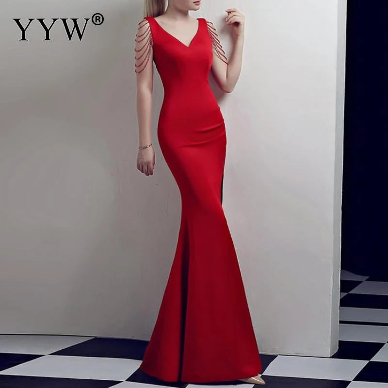 Sequined V Neck Sleeveless Elegant Evening Dress