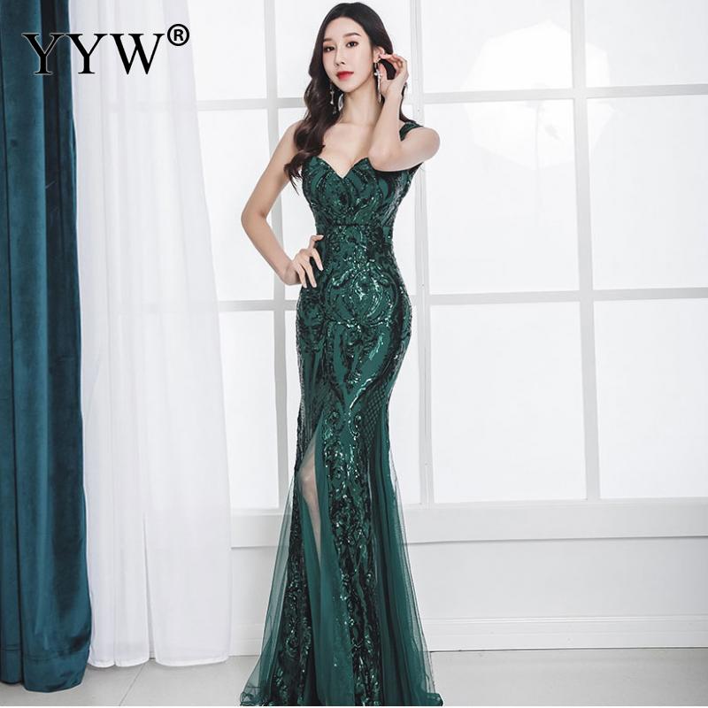 Sequined V Neck Sleeveless Elegant Evening Dress