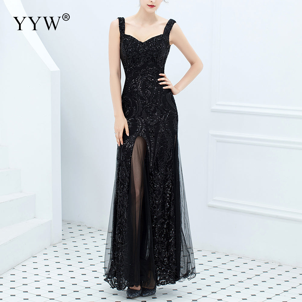 Sequined V Neck Sleeveless Elegant Evening Dress