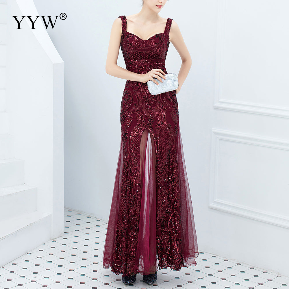 Sequined V Neck Sleeveless Elegant Evening Dress