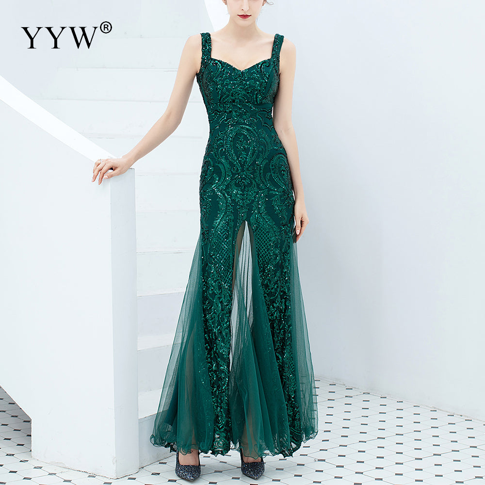 Sequined V Neck Sleeveless Elegant Evening Dress