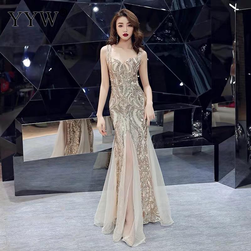 Sequined V Neck Sleeveless Elegant Evening Dress