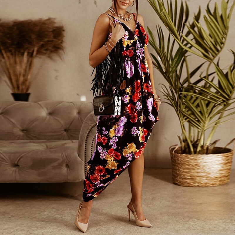 Slim V-Neck Sling Floral Boho Maxi Dress
