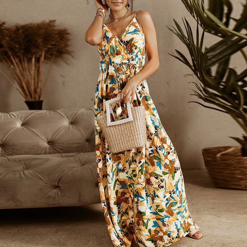 Slim V-Neck Sling Floral Boho Maxi Dress