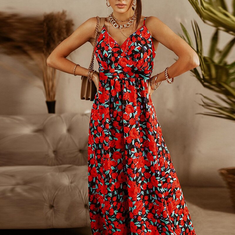 Slim V-Neck Sling Floral Boho Maxi Dress