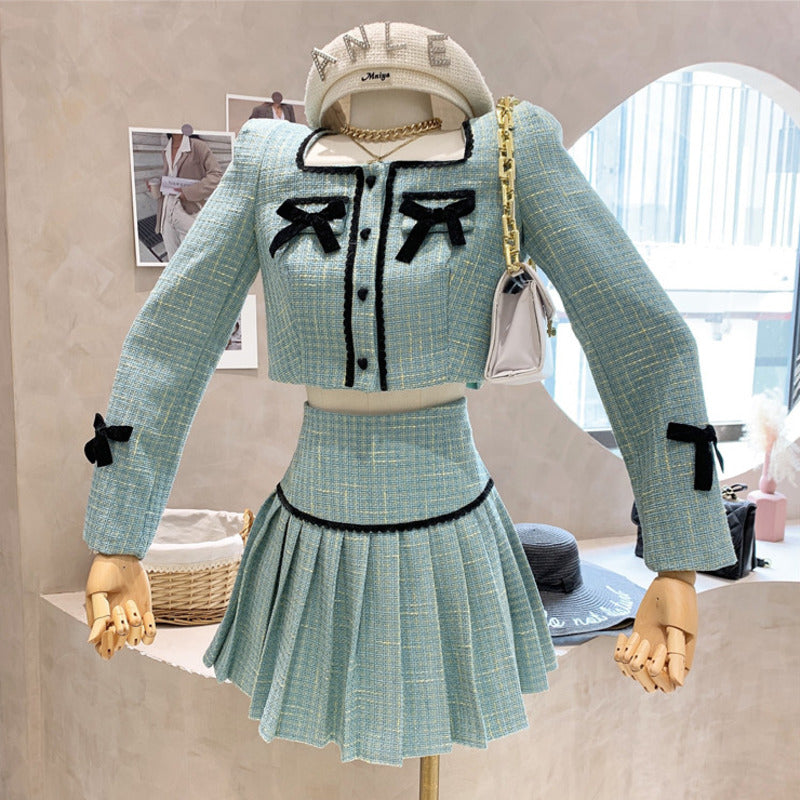 Tweed 2 Piece Set Bow Short Jacket Coat + Skirt Suits