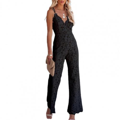 Solid Lace Sleeveless High Waist V-Neck Wide Leg Jumpsuit