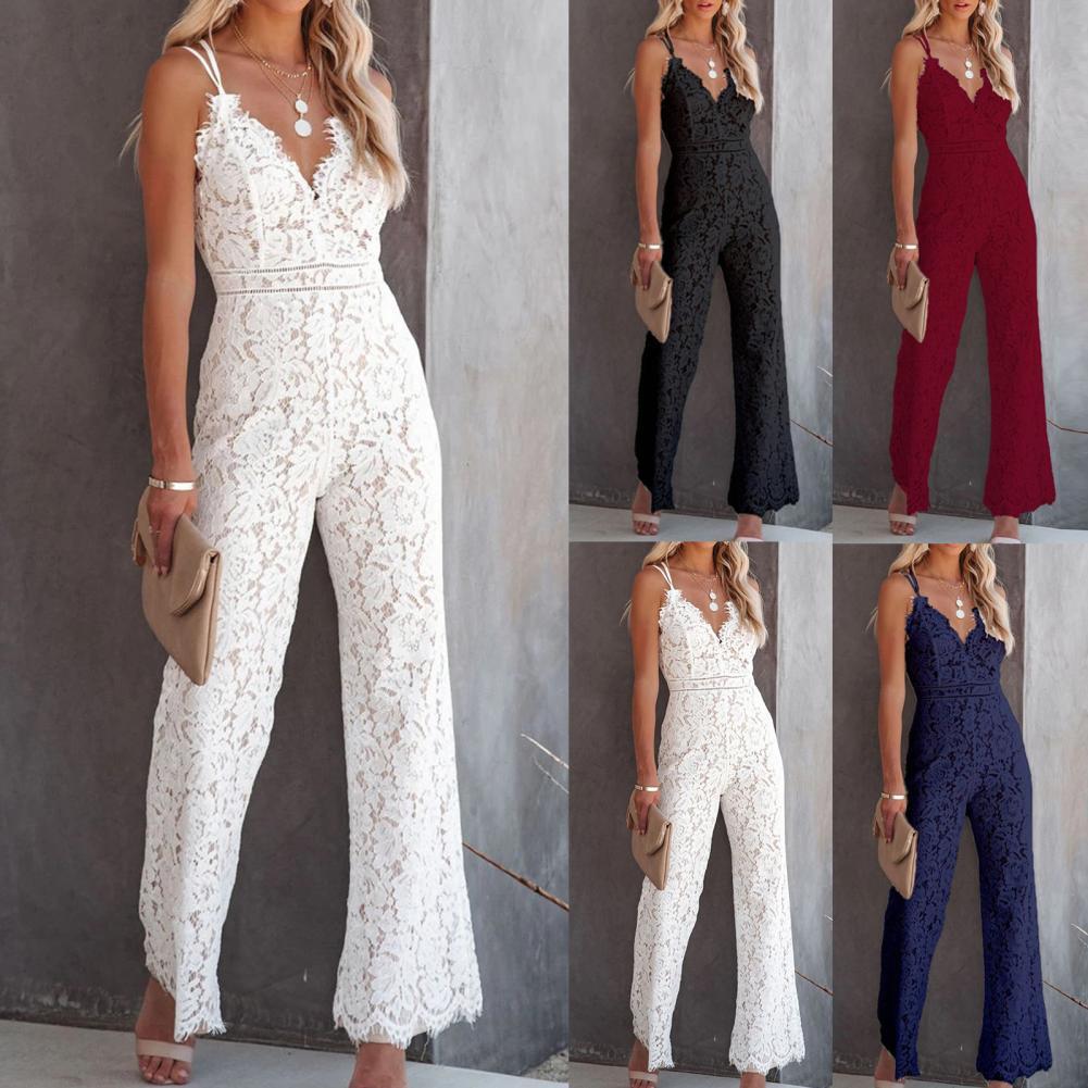 Solid Lace Sleeveless High Waist V-Neck Wide Leg Jumpsuit