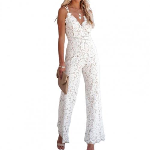 Solid Lace Sleeveless High Waist V-Neck Wide Leg Jumpsuit