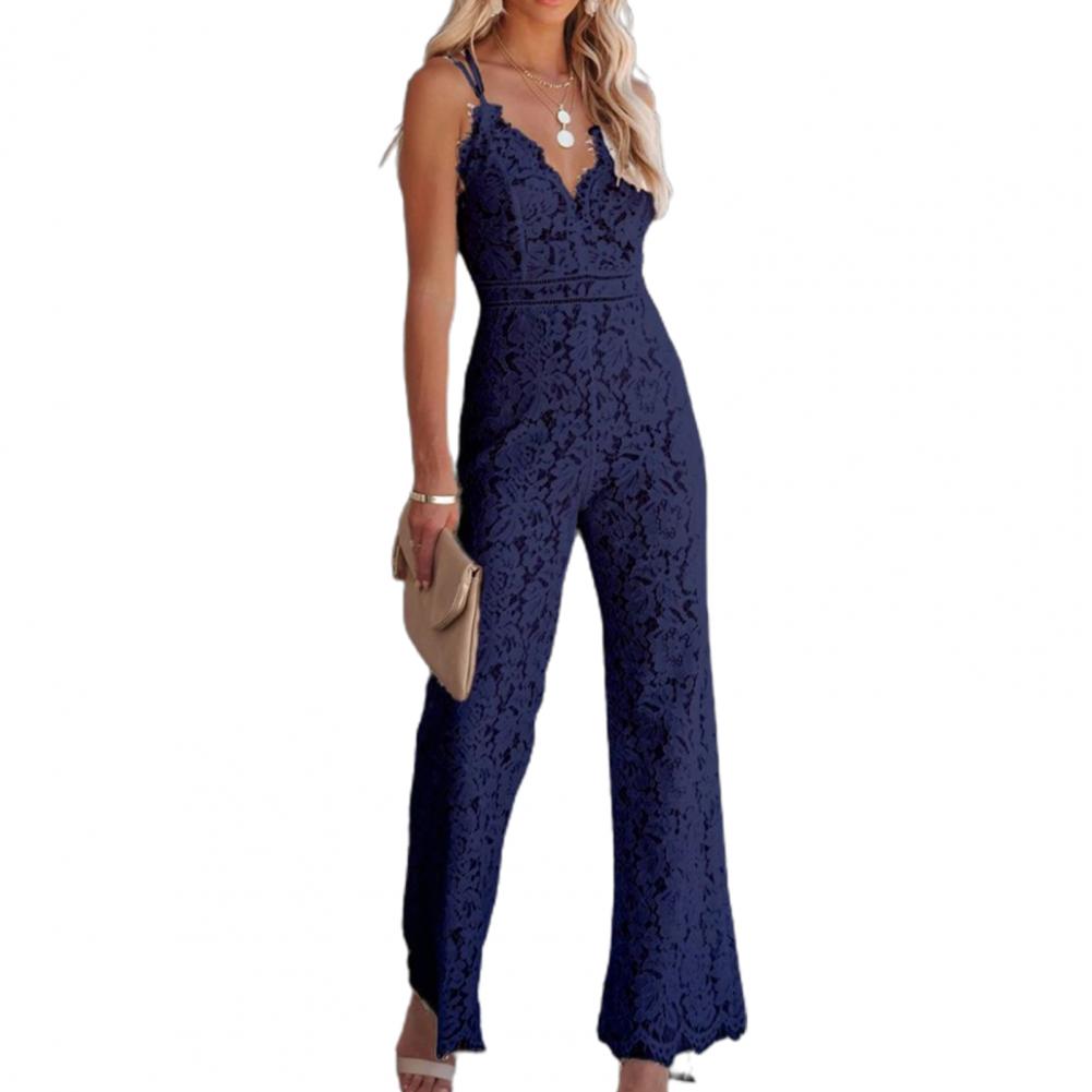 Solid Lace Sleeveless High Waist V-Neck Wide Leg Jumpsuit