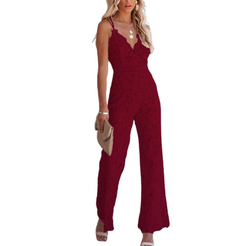 Solid Lace Sleeveless High Waist V-Neck Wide Leg Jumpsuit