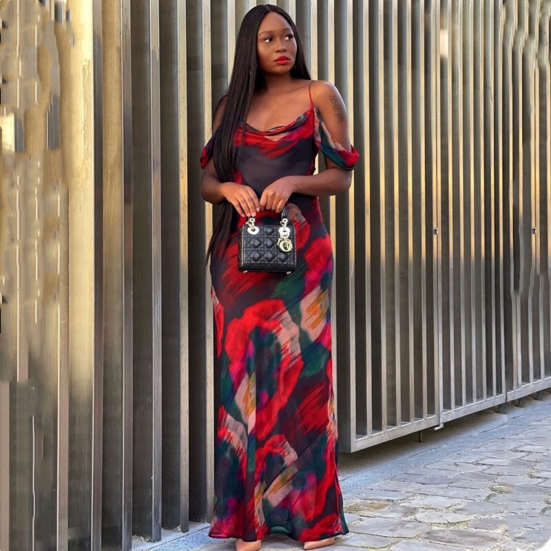 Spaghetti Strap Floral Off Shoulder Red Bohemian Dress