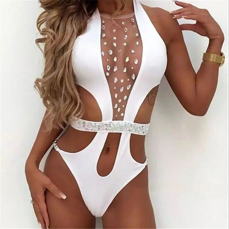 Sparkly Diamonds Hollow Out See Through Patchwork High Cut One Piece Swimsuit