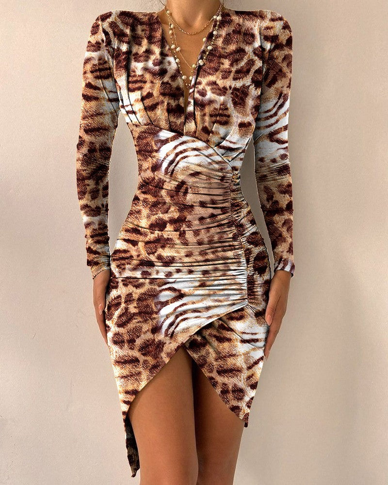 Spring Autumn V-neck Long-sleeved Asymmetric Dress