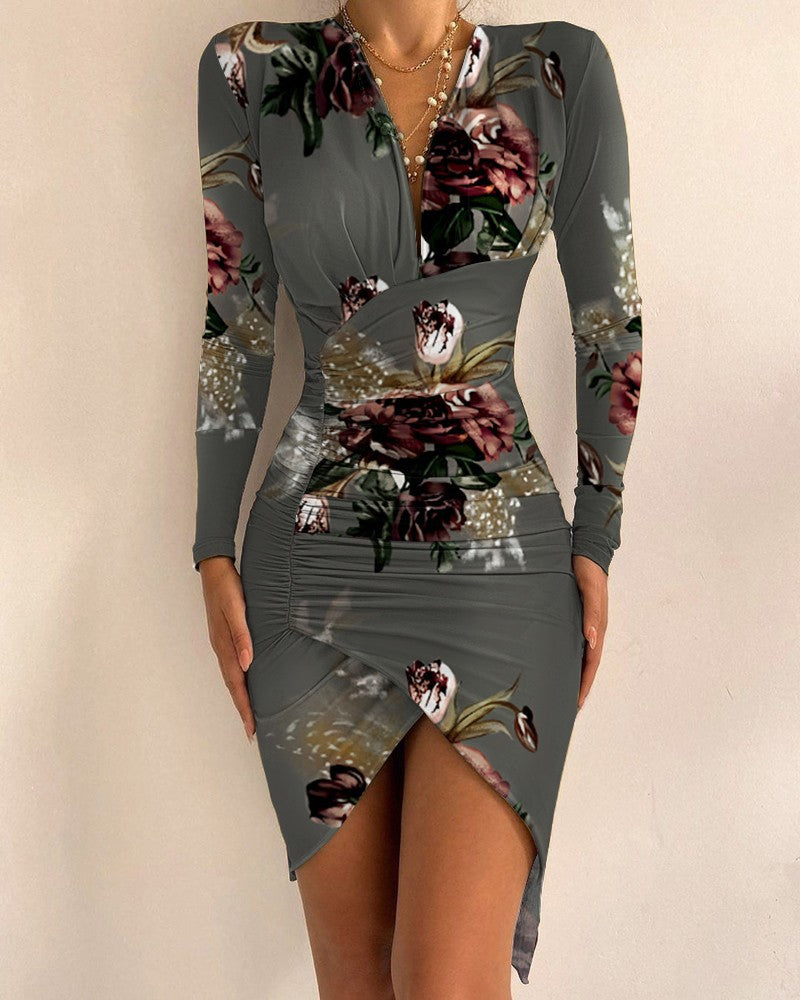 Spring Autumn V-neck Long-sleeved Asymmetric Dress