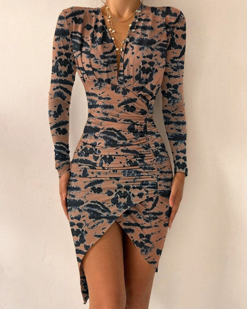 Spring Autumn V-neck Long-sleeved Asymmetric Dress
