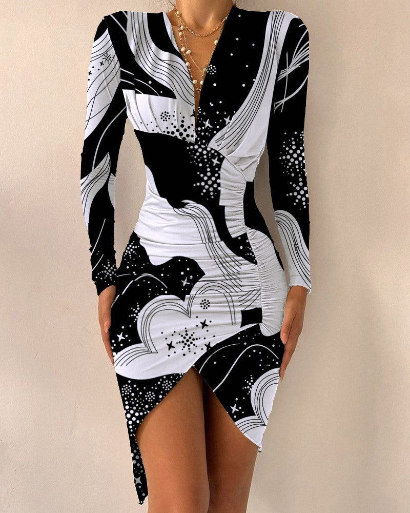 Spring Autumn V-neck Long-sleeved Asymmetric Dress