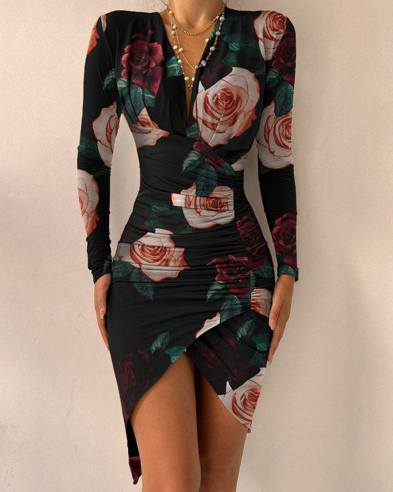 Spring Autumn V-neck Long-sleeved Asymmetric Dress