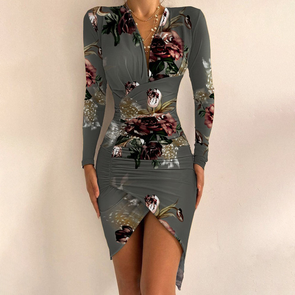 Spring Autumn V-neck Long-sleeved Asymmetric Dress