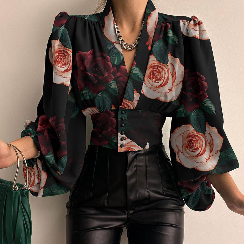 Lantern Long Sleeves Casual Solid Color or Printed Slim Buttons V Neck Blouse