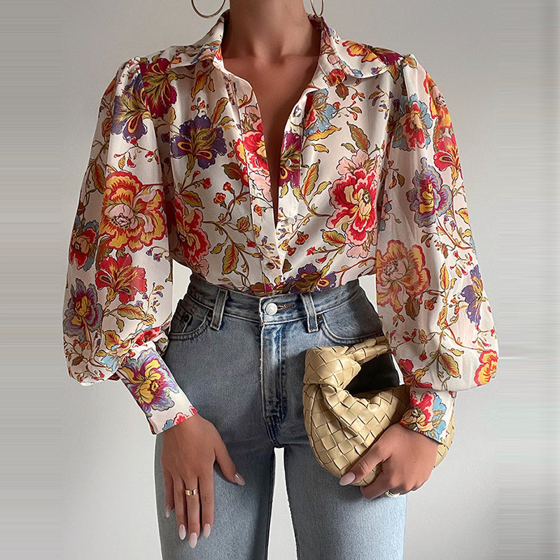 Lantern Long Sleeves Casual Solid Color or Printed Slim Buttons V Neck Blouse
