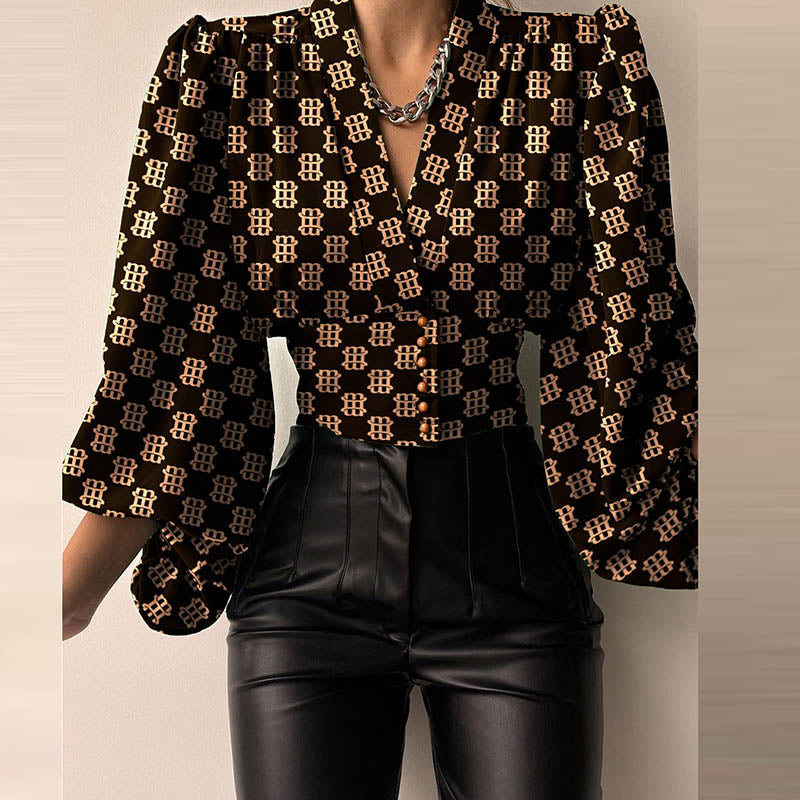 Lantern Long Sleeves Casual Solid Color or Printed Slim Buttons V Neck Blouse