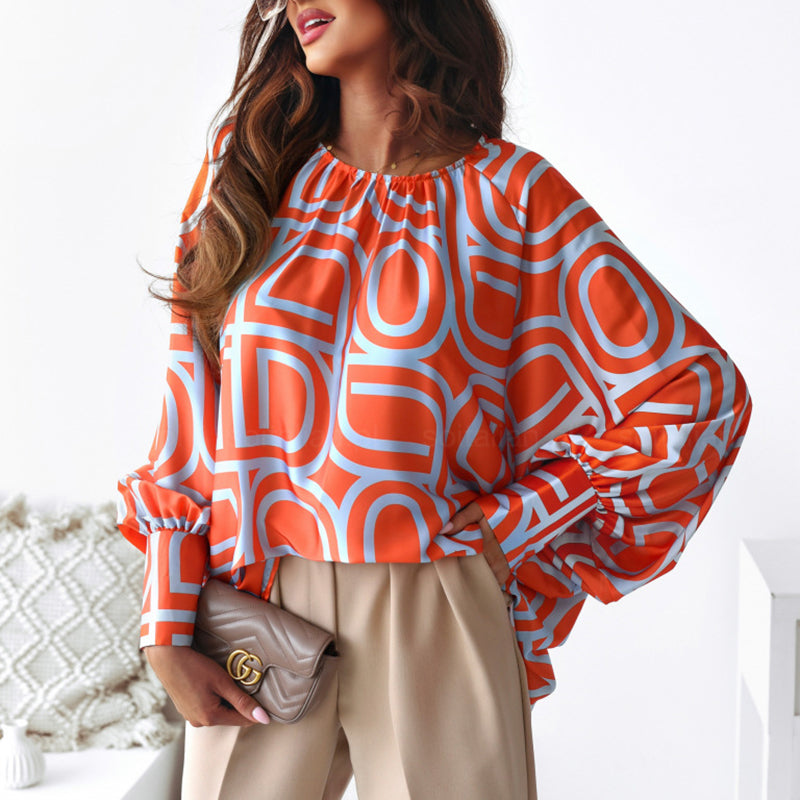 Elegant Round Neck Lantern Sleeves Flowy Print Shirts