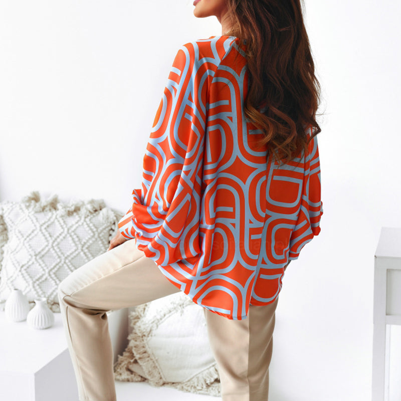 Elegant Round Neck Lantern Sleeves Flowy Print Shirts