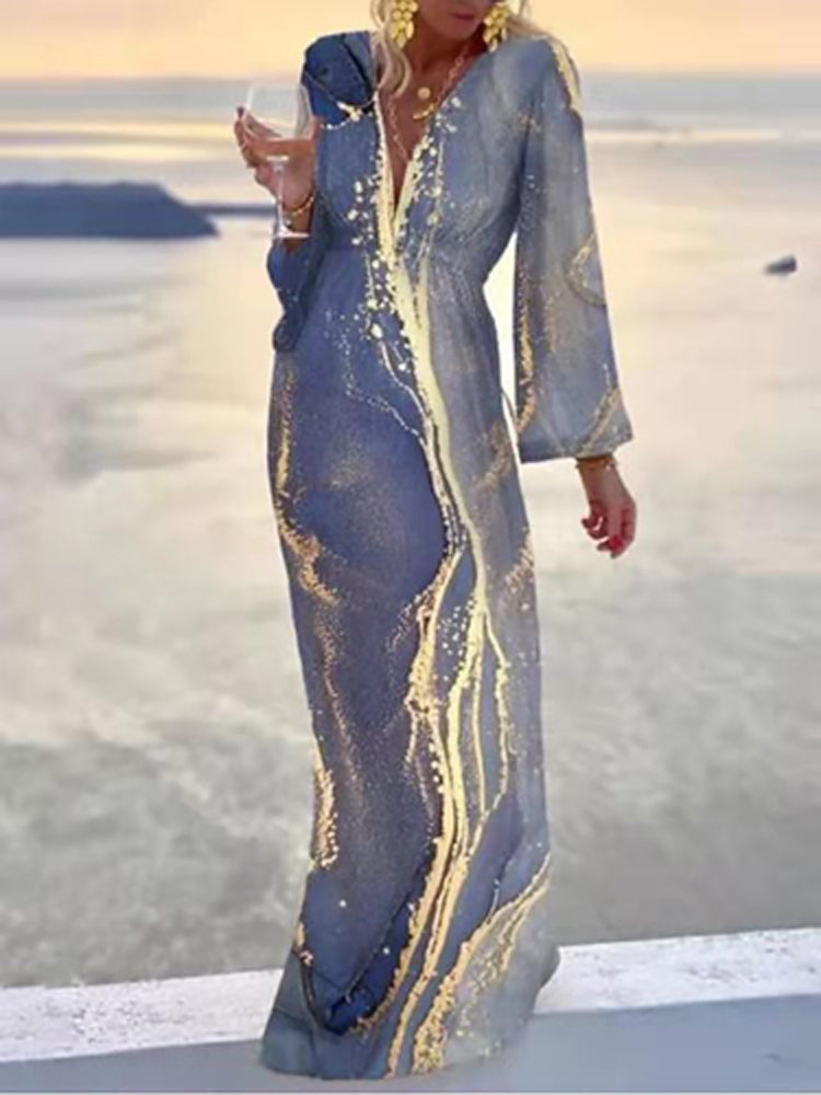 Spring Summer Retro Printed Long Sleeve Boho Maxi Dress